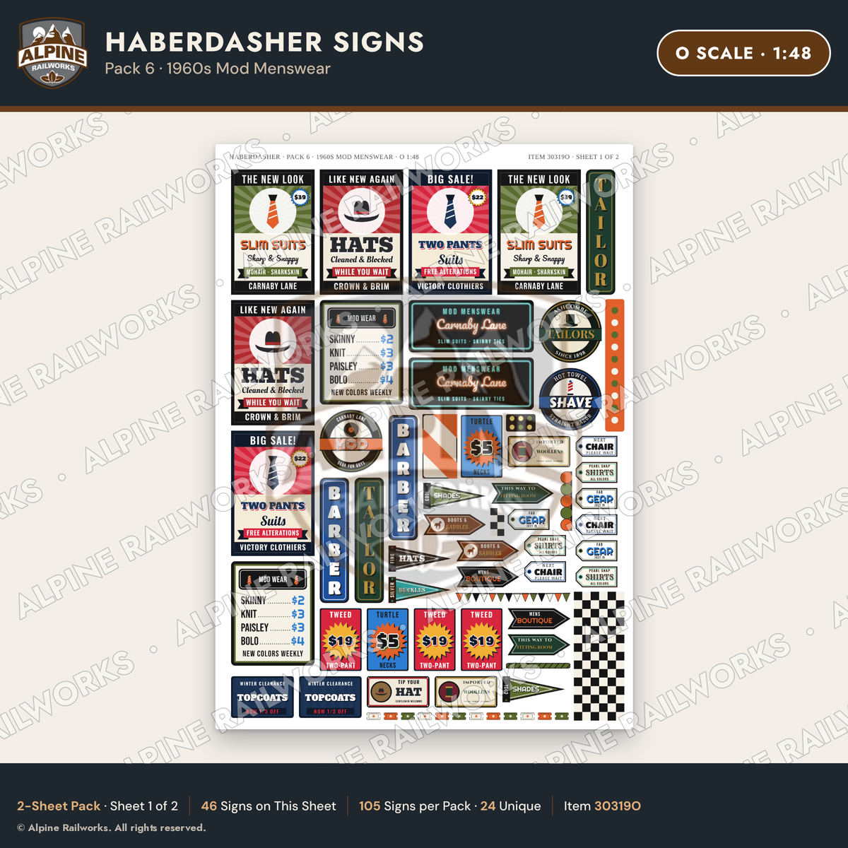 Alpine Railworks 30319O O Scale Haberdasher Signs - 1960s Mod Menswear