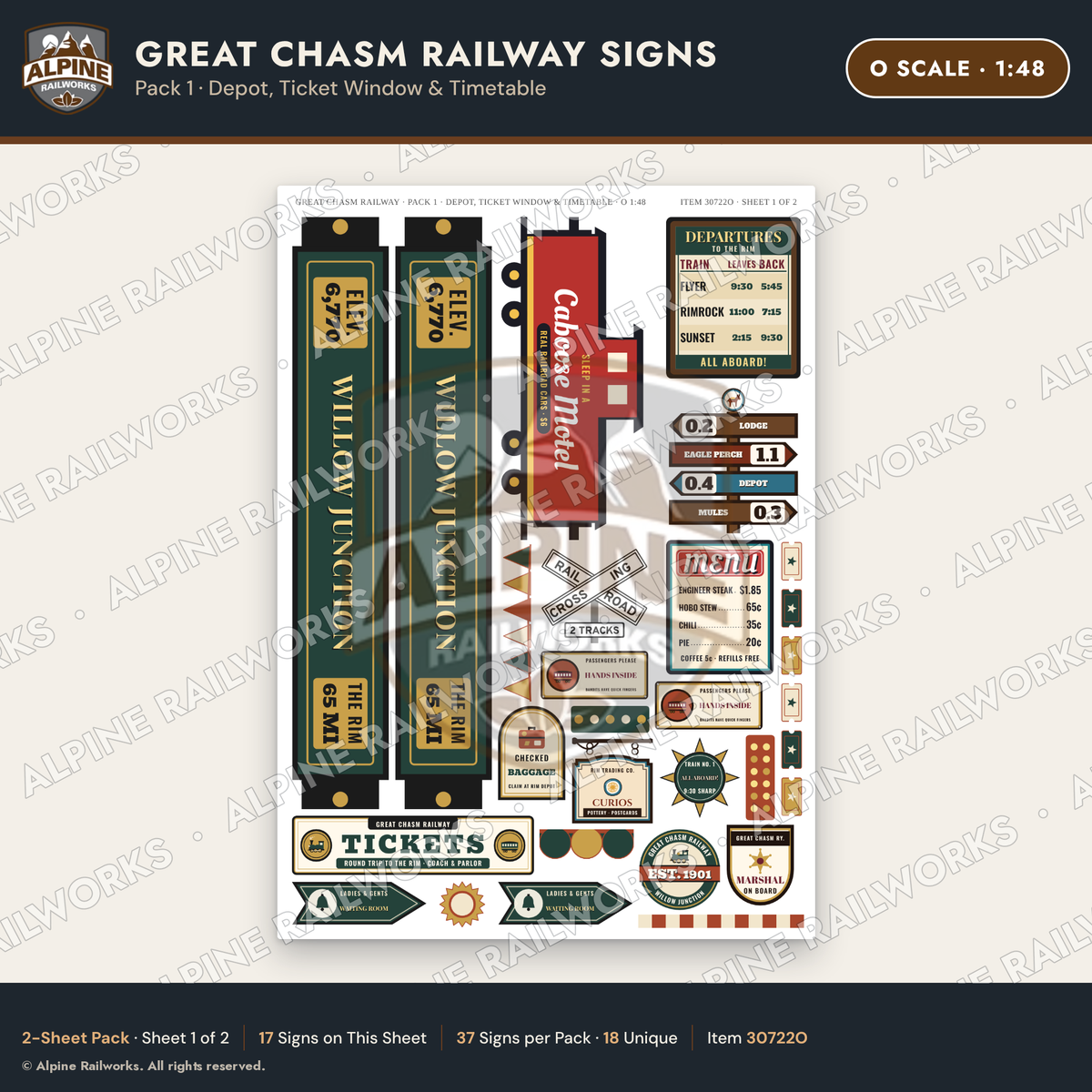 Alpine Railworks 30722O O Scale Tourist Signs - Canyon Railway - Depot