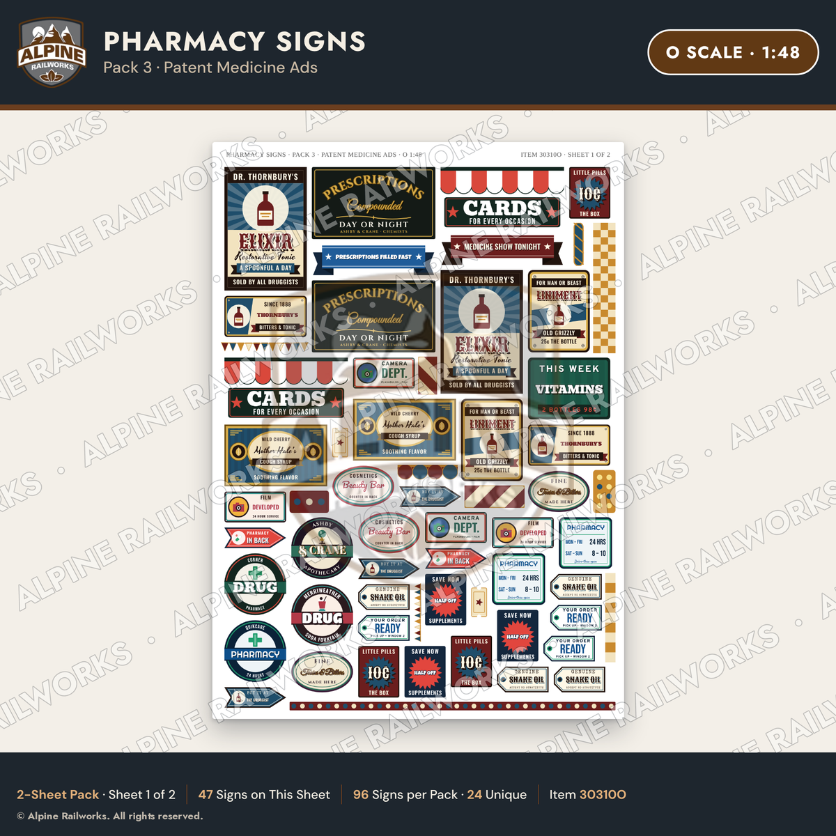 Alpine Railworks 30310O O Scale Pharmacy Signs - Patent Medicine Ads