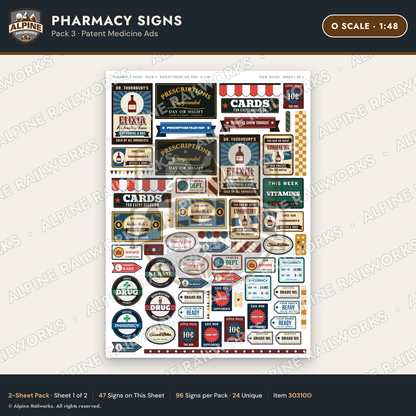 Alpine Railworks 30310O O Scale Pharmacy Signs - Patent Medicine Ads