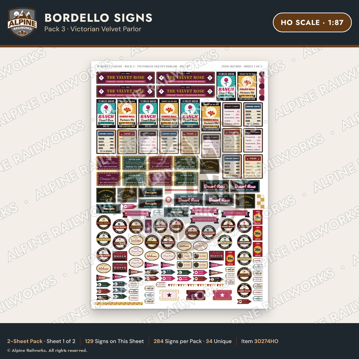 Alpine Railworks 30274HO HO Scale Bordello Signs