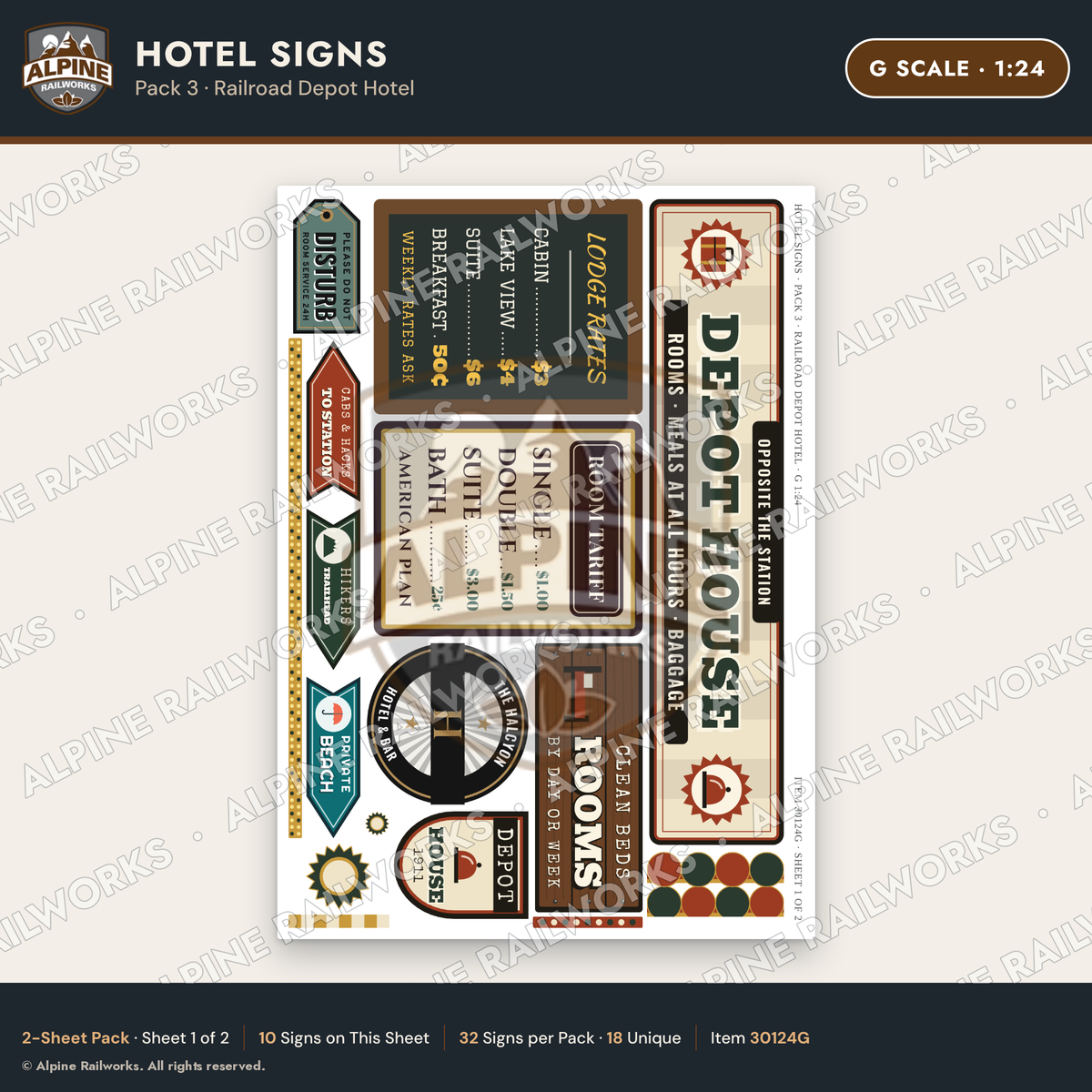 Alpine Railworks 30124G G Scale Hotel Signs - Railroad Depot Hotel