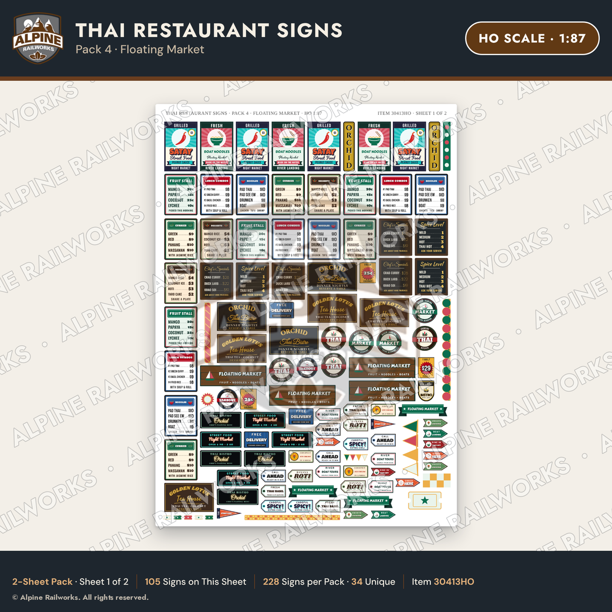 Alpine Railworks 30413HO HO Scale Thai Restaurant Signs