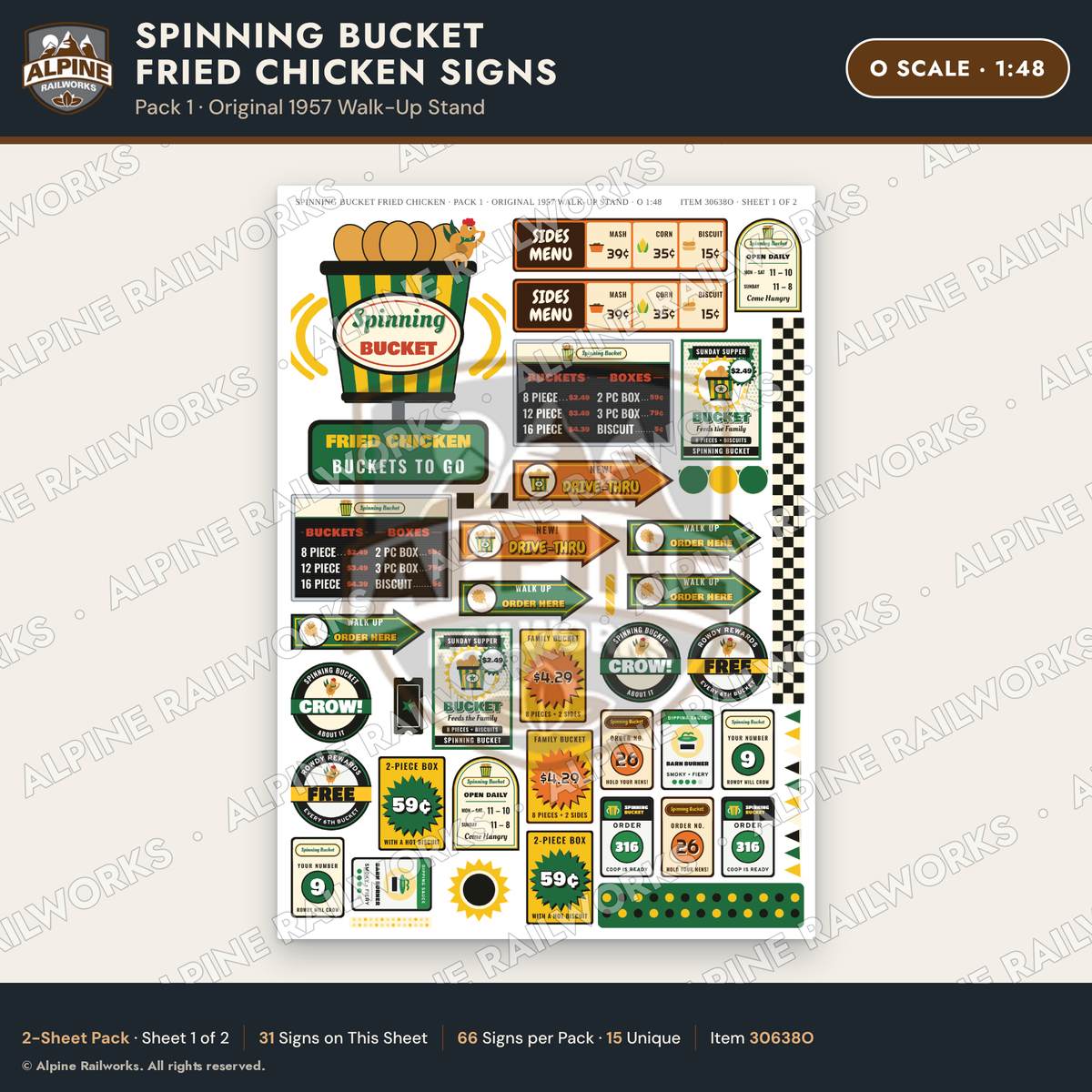 Alpine Railworks 30638O O Scale Fast Food Signs - Fried Chicken
