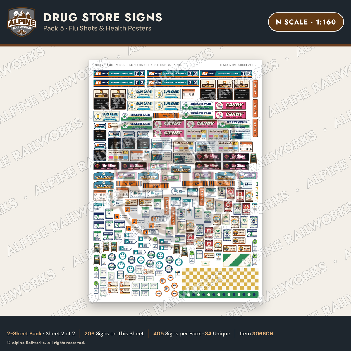 Alpine Railworks 30660N N Scale Drug Store Signs - Flu Shots