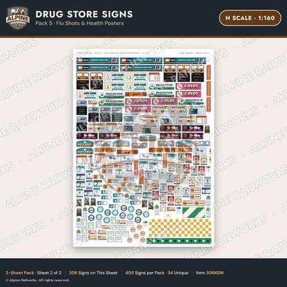 Alpine Railworks 30660N N Scale Drug Store Signs - Flu Shots