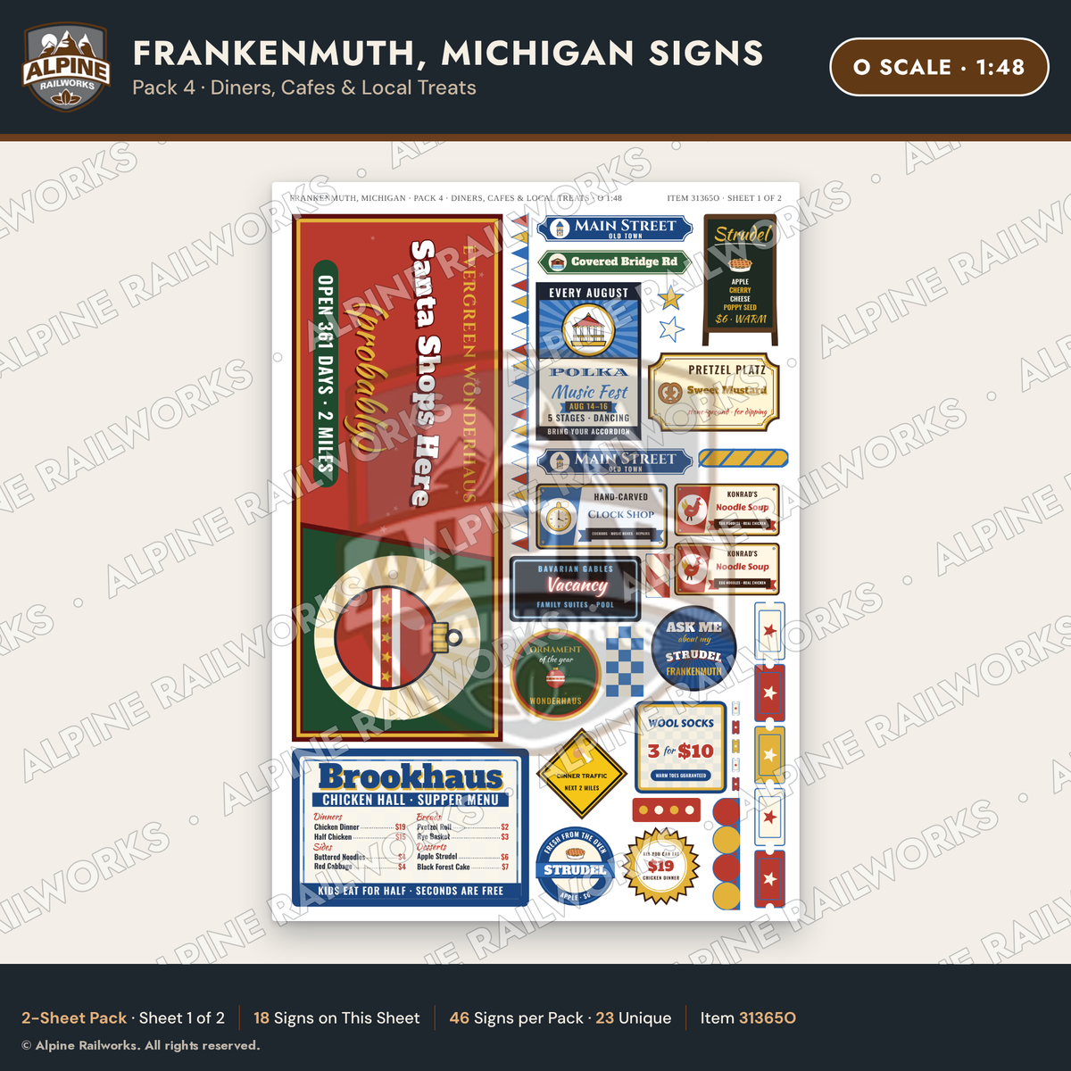 Alpine Railworks 31365O O Scale Frankenmuth MI Signs - Diners & Cafes