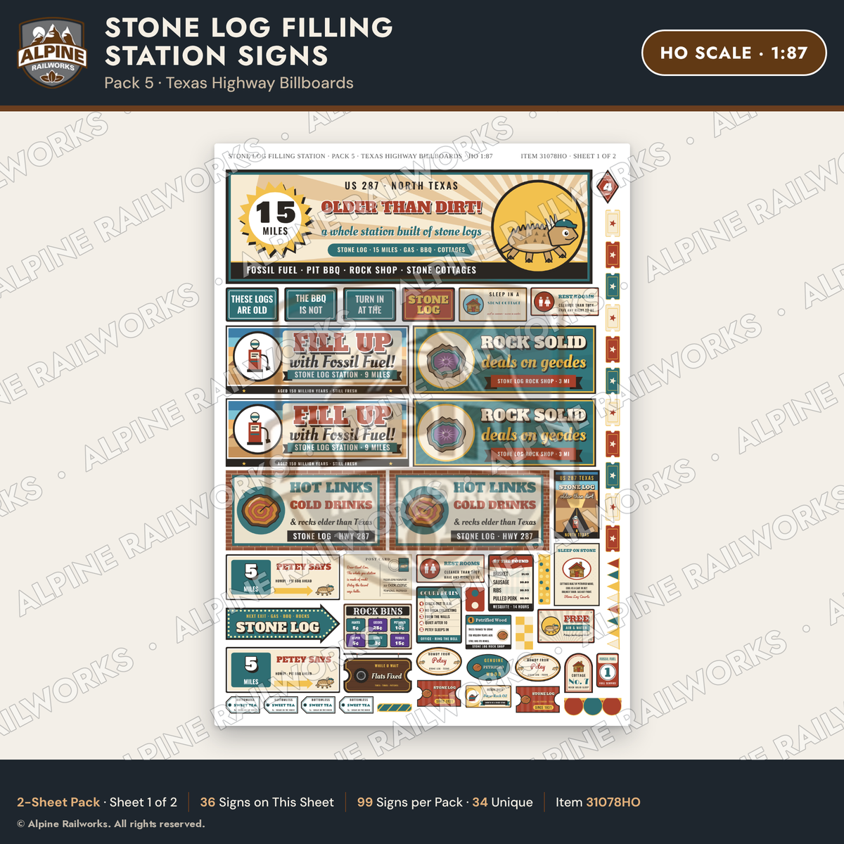 Alpine Railworks 31078HO HO Scale Roadside Signs - Petrified Wood