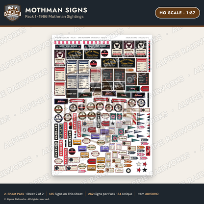 Alpine Railworks 30158HO HO Scale Mothman Signs - Mothman Sightings