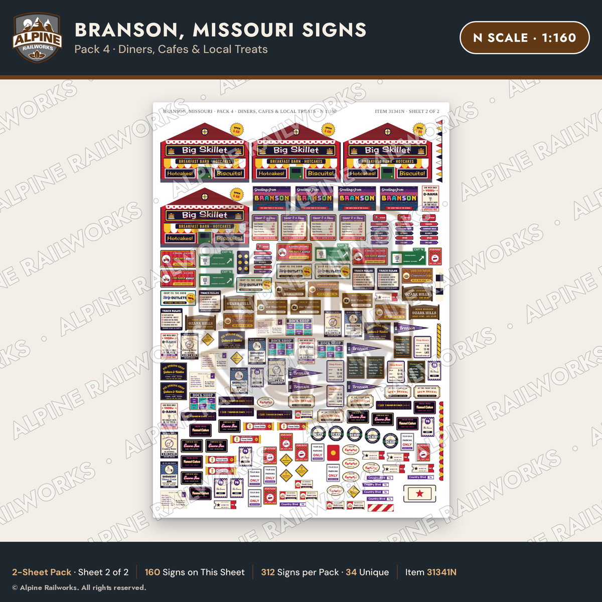 Alpine Railworks 31341N N Scale Branson MO Signs - Diners & Cafes