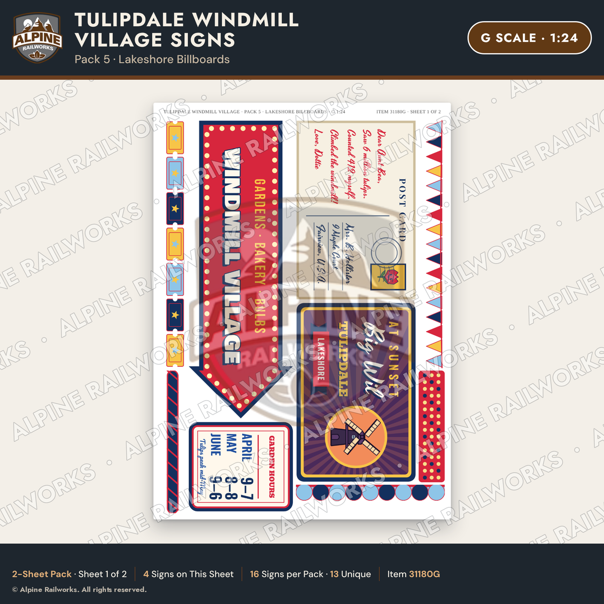 Alpine Railworks 31180G G Scale Roadside Signs - Windmill Village