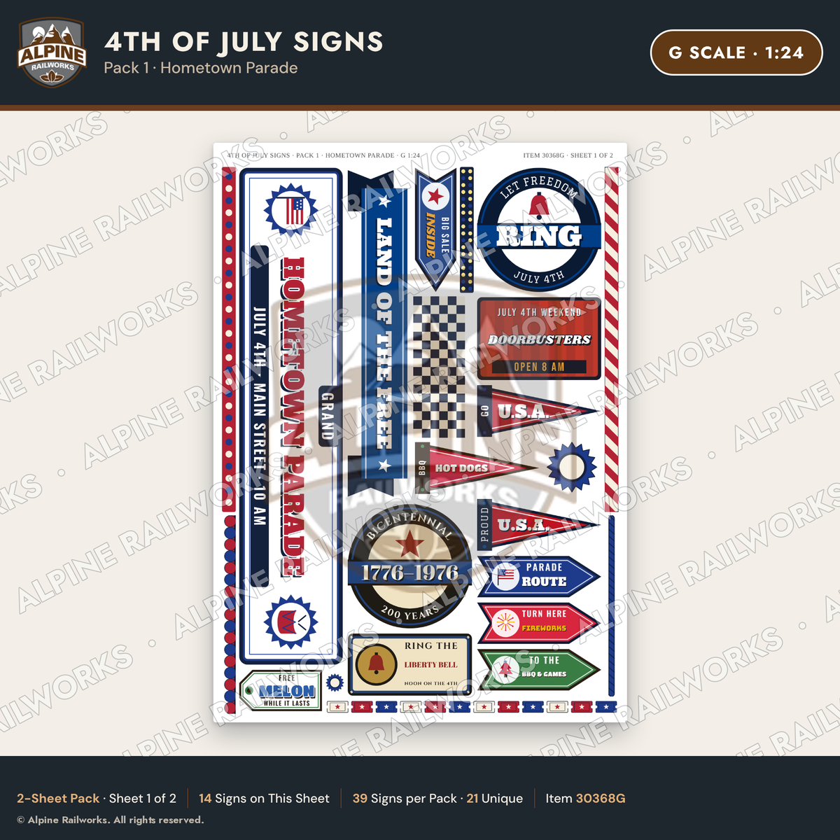 Alpine Railworks 30368G G Scale 4th of July Signs - Hometown Parade