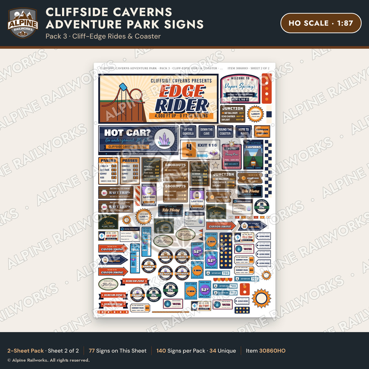 Alpine Railworks 30860HO HO Scale Roadside Signs - Cave Adventure Park