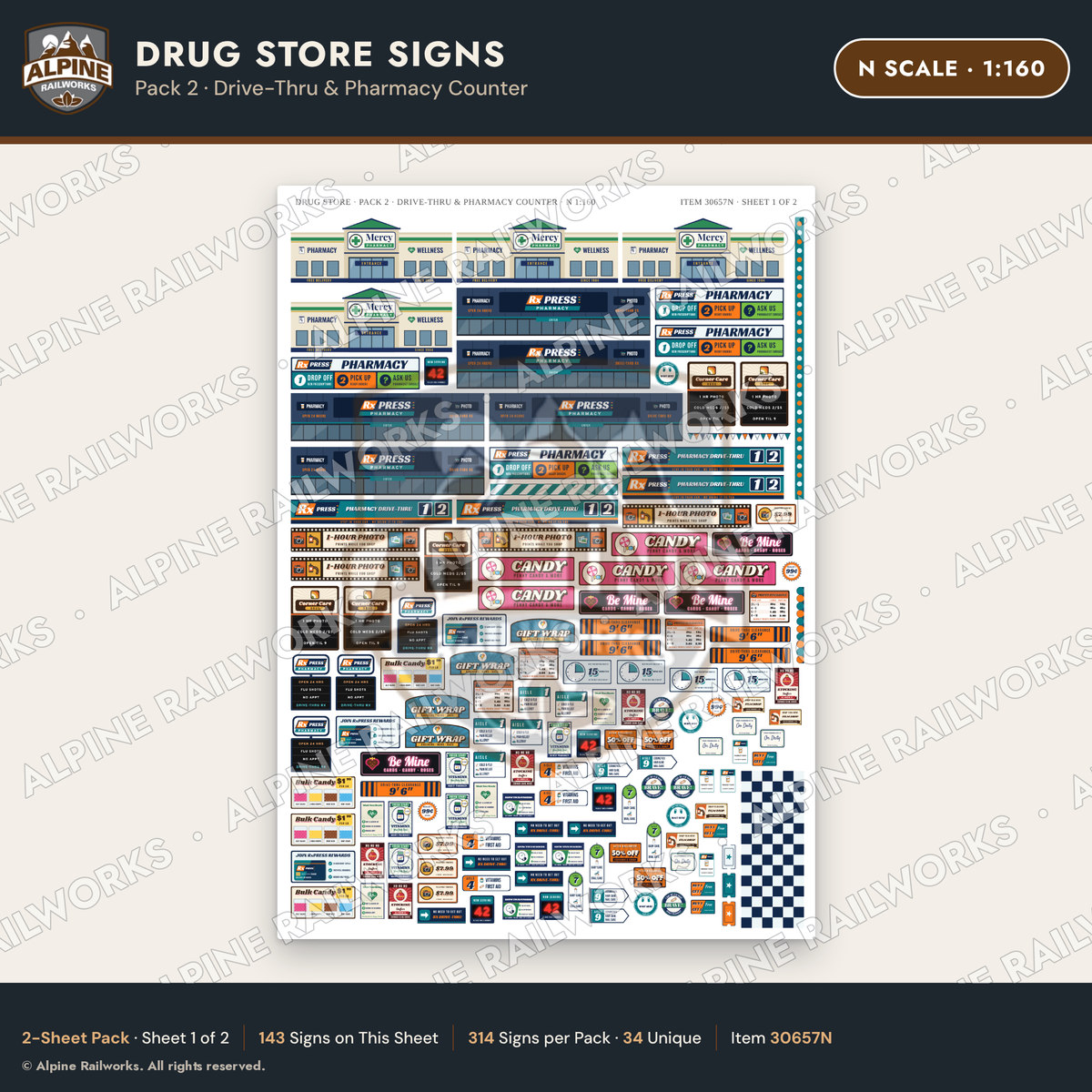 Alpine Railworks 30657N N Scale Drug Store Signs - Drive-Thru