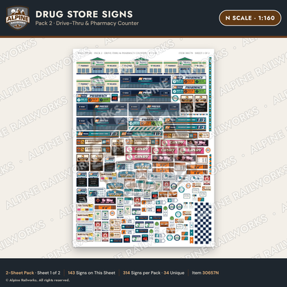 Alpine Railworks 30657N N Scale Drug Store Signs - Drive-Thru