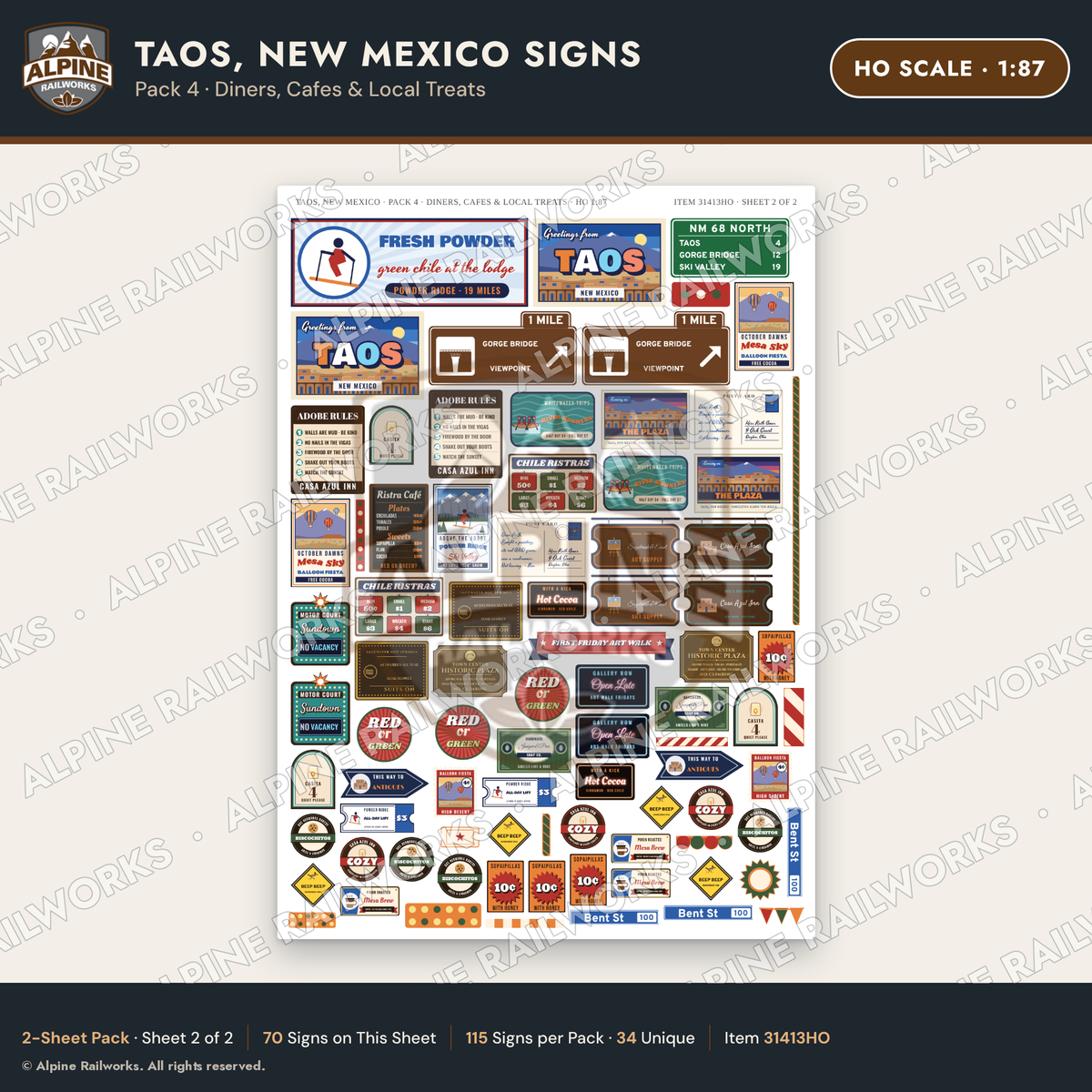 Alpine Railworks 31413HO HO Scale Taos NM Signs - Diners & Cafes