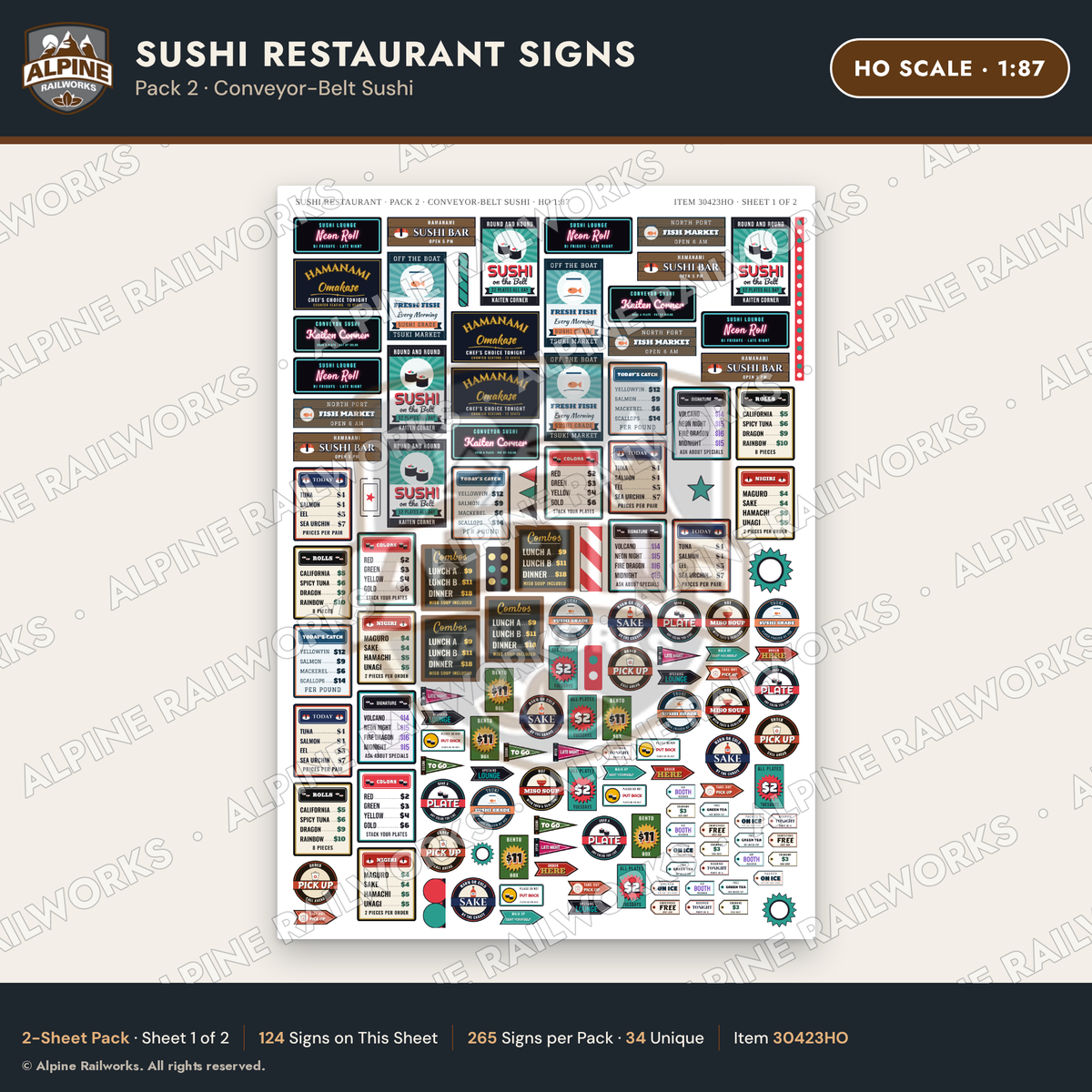 Alpine Railworks 30423HO HO Scale Sushi Restaurant Signs
