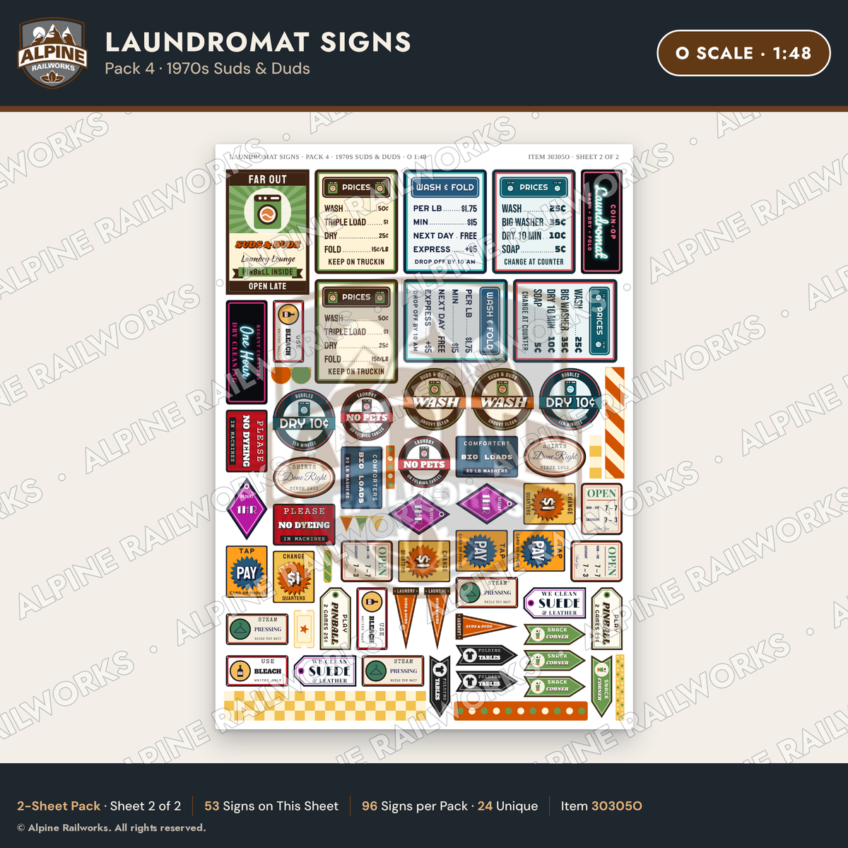Alpine Railworks 30305O O Scale Laundromat Signs - 1970s Suds & Duds