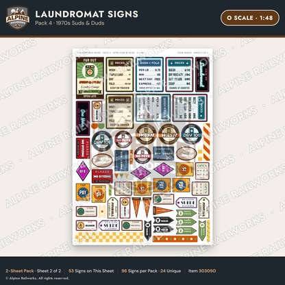 Alpine Railworks 30305O O Scale Laundromat Signs - 1970s Suds & Duds