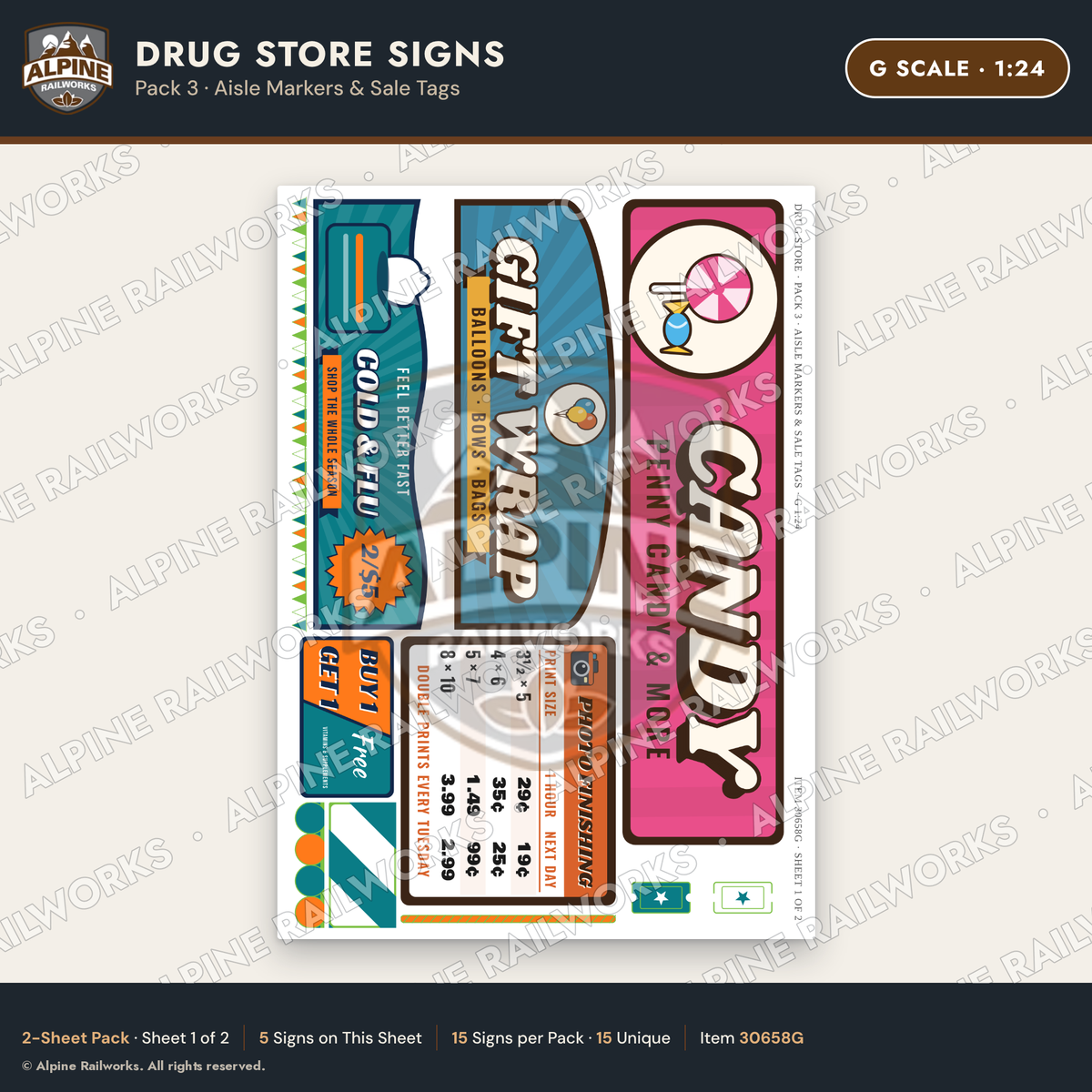 Alpine Railworks 30658G G Scale Drug Store Signs - Aisle Markers