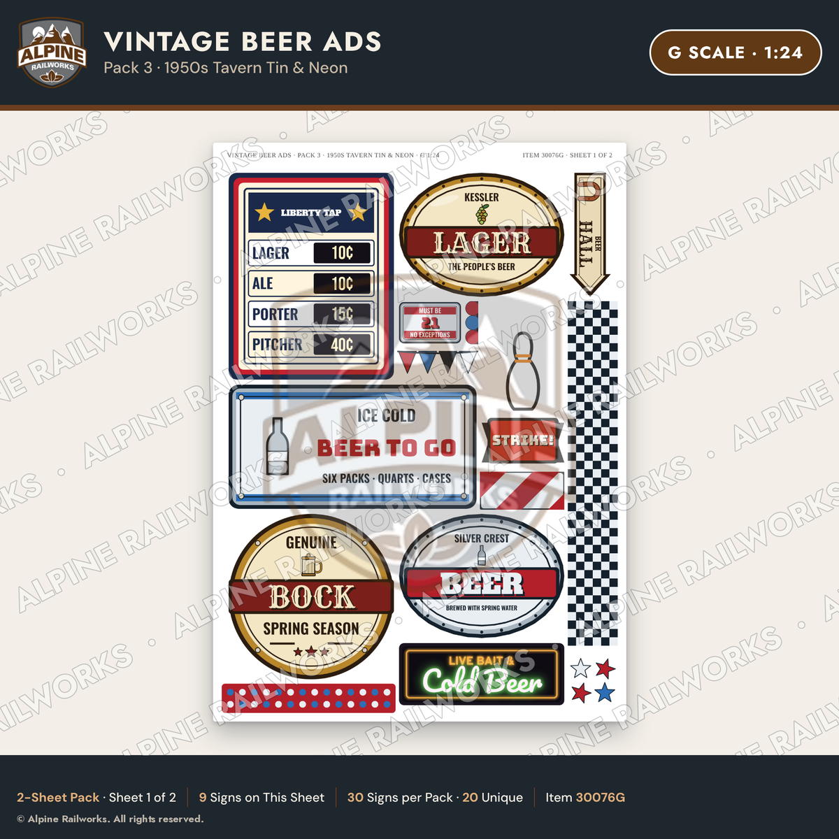 Alpine Railworks 30076G G Scale Vintage Beer Ads - 1950s Tavern Tin