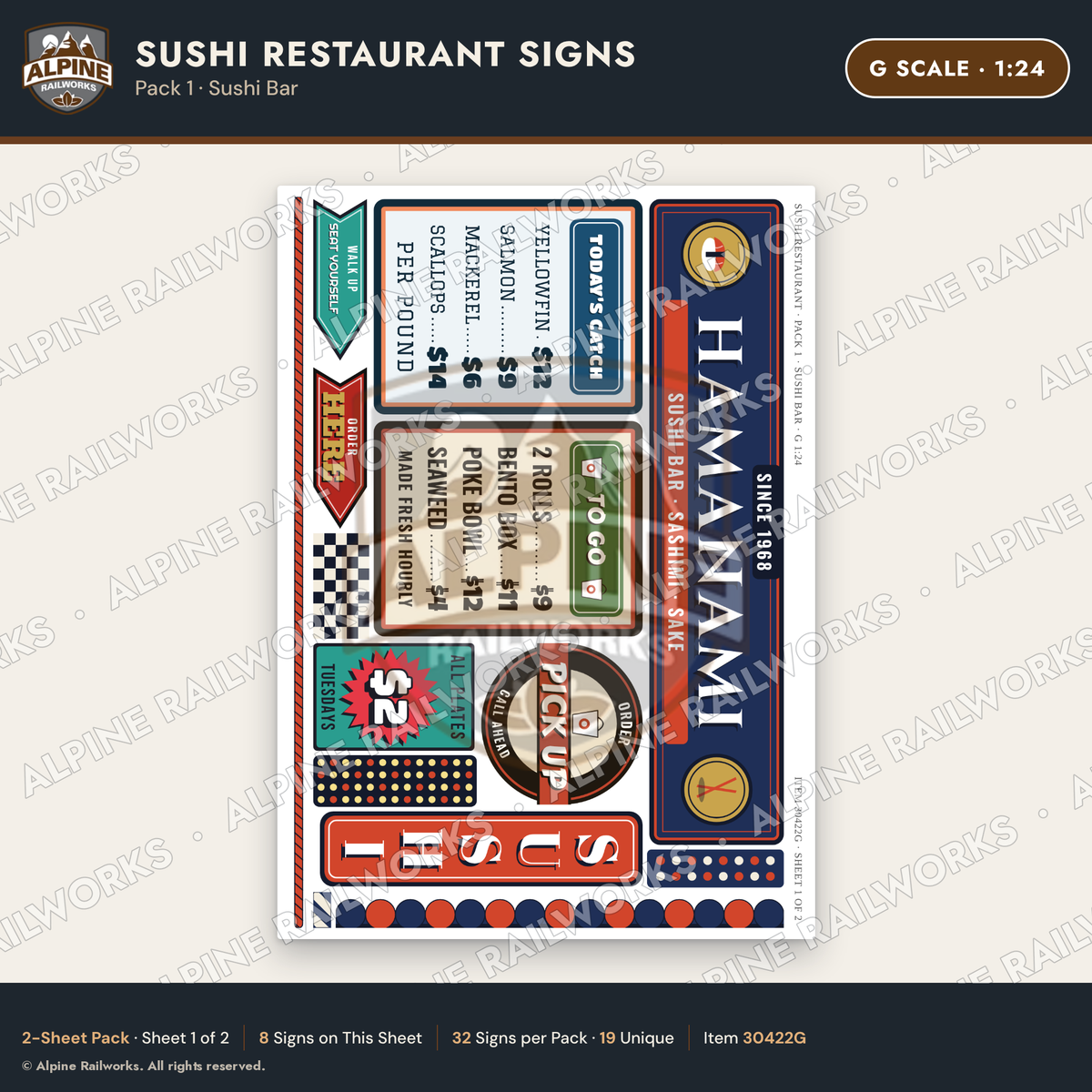 Alpine Railworks 30422G G Scale Sushi Restaurant Signs - Sushi Bar