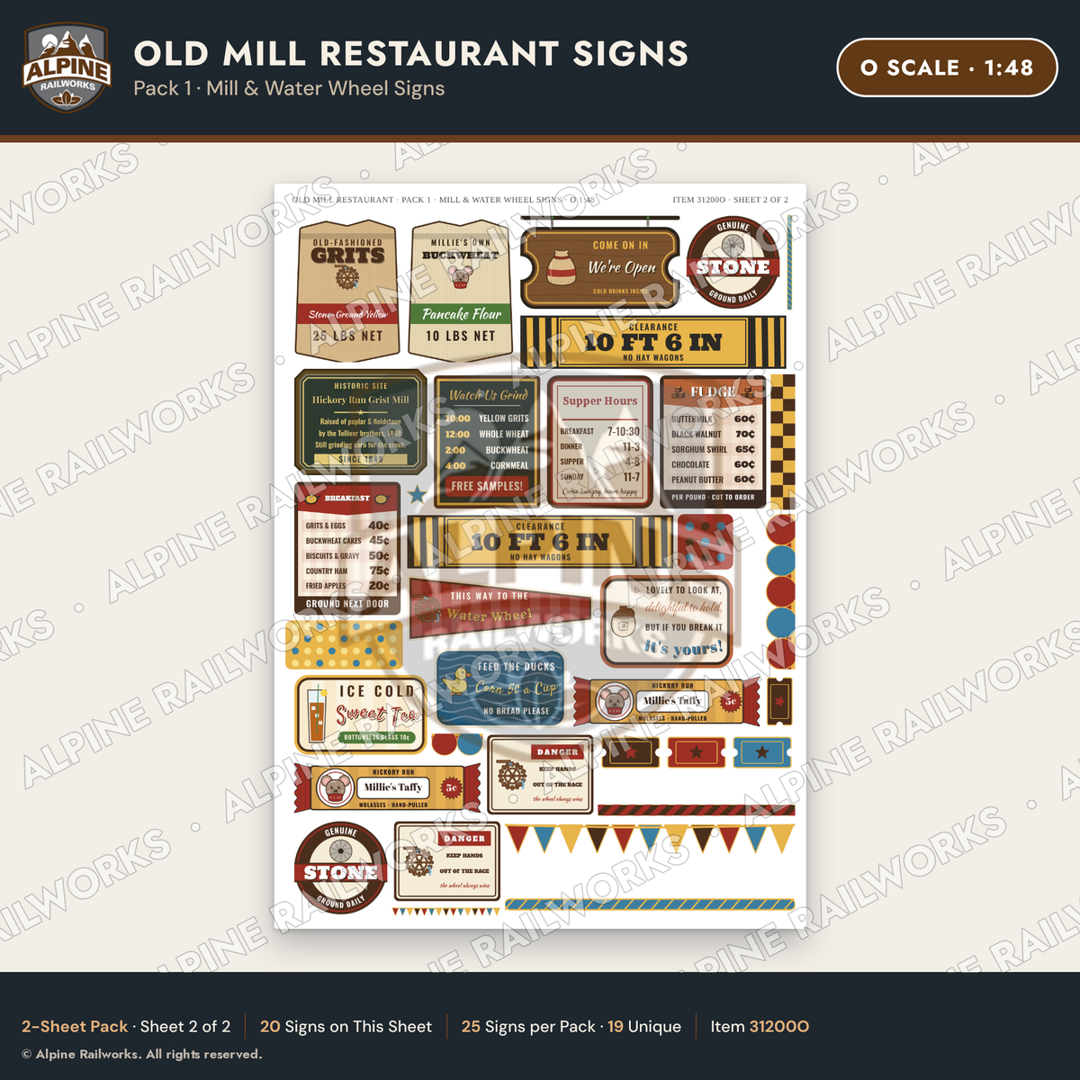 Alpine Railworks 31200O O Scale Old Mill Signs - Mill & Water Wheel