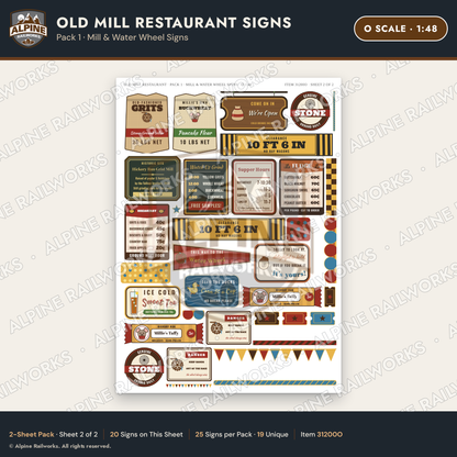 Alpine Railworks 31200O O Scale Old Mill Signs - Mill & Water Wheel