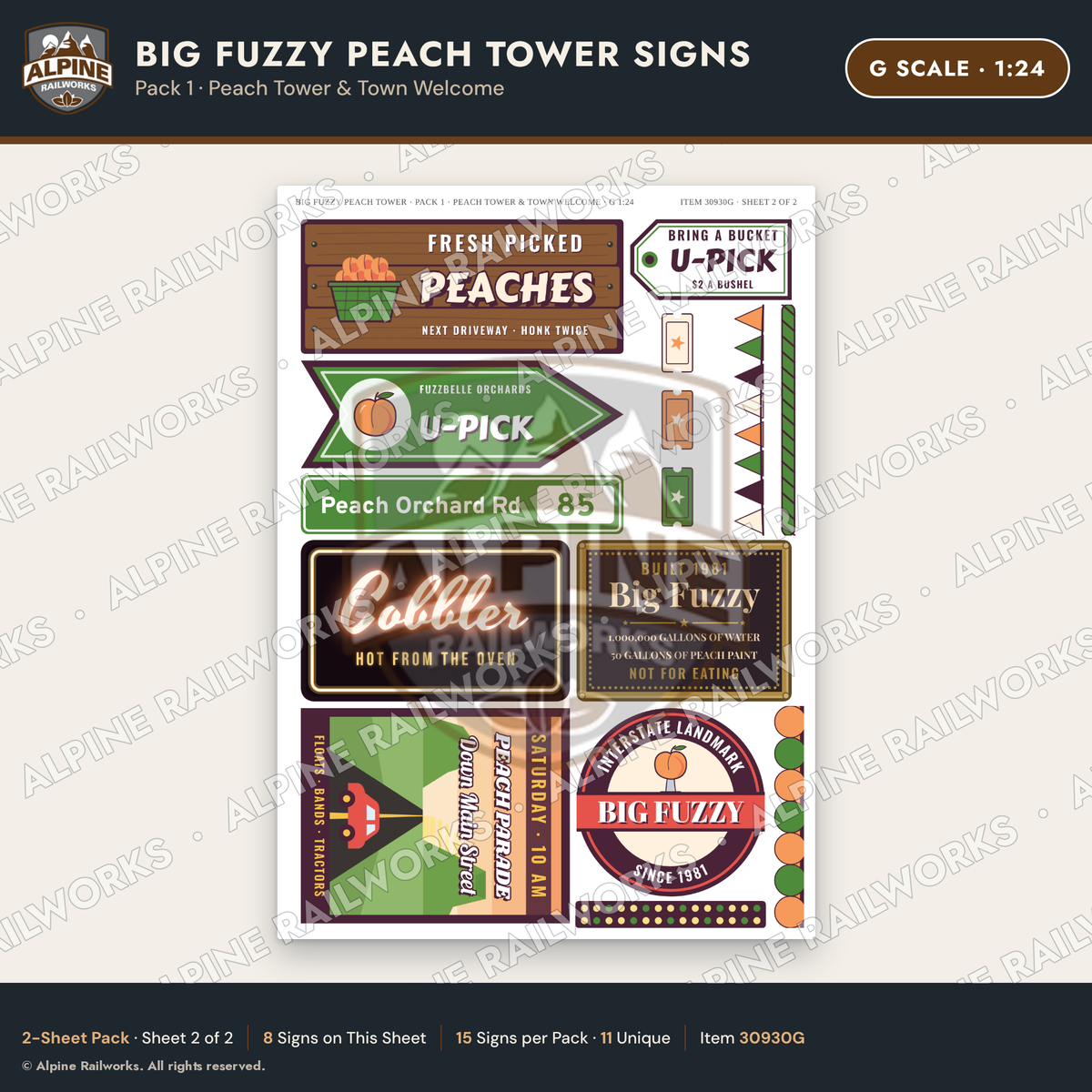 Alpine Railworks 30930G G Scale Roadside Signs - Peach Water Tower
