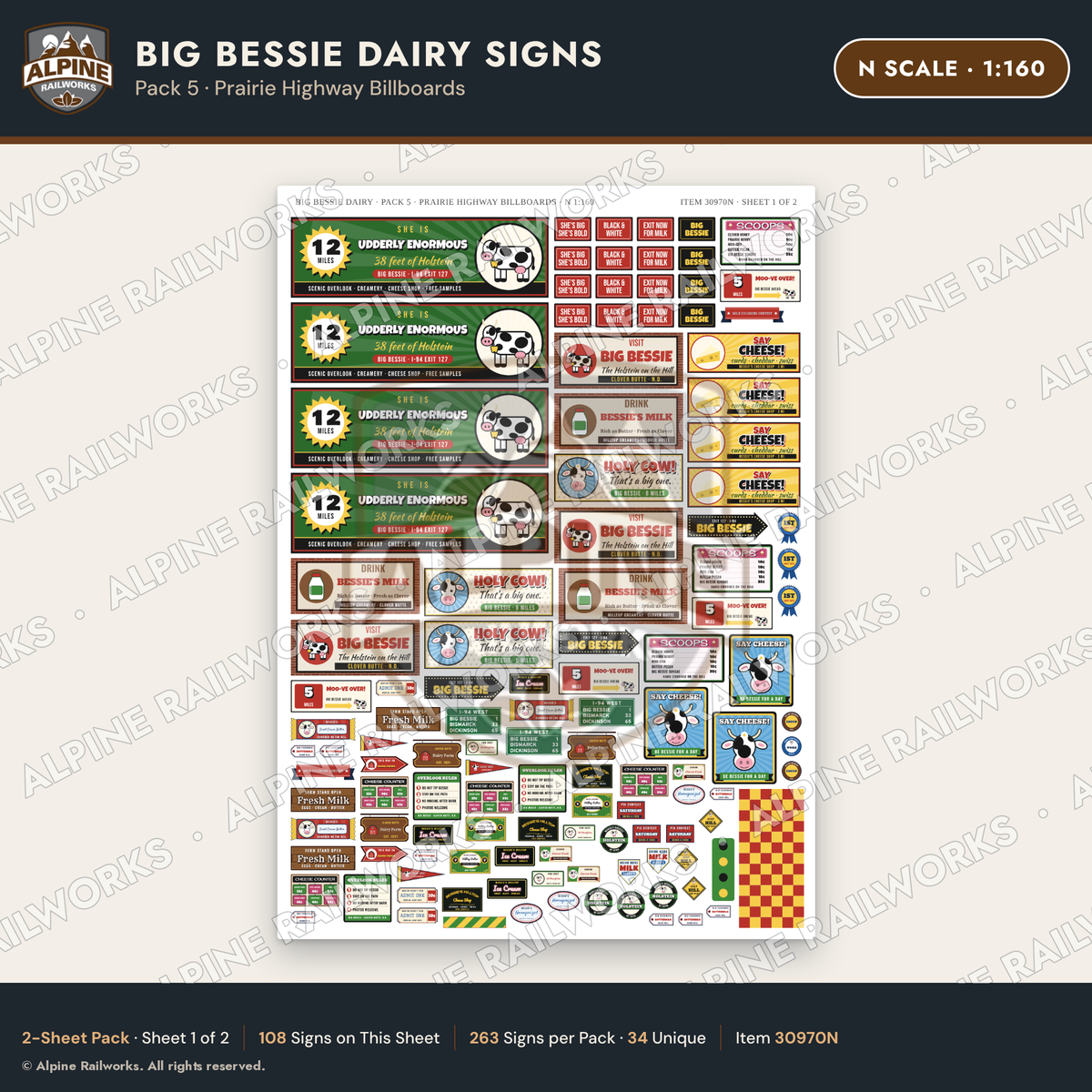 Alpine Railworks 30970N N Scale Roadside Signs - Giant Cow Dairy
