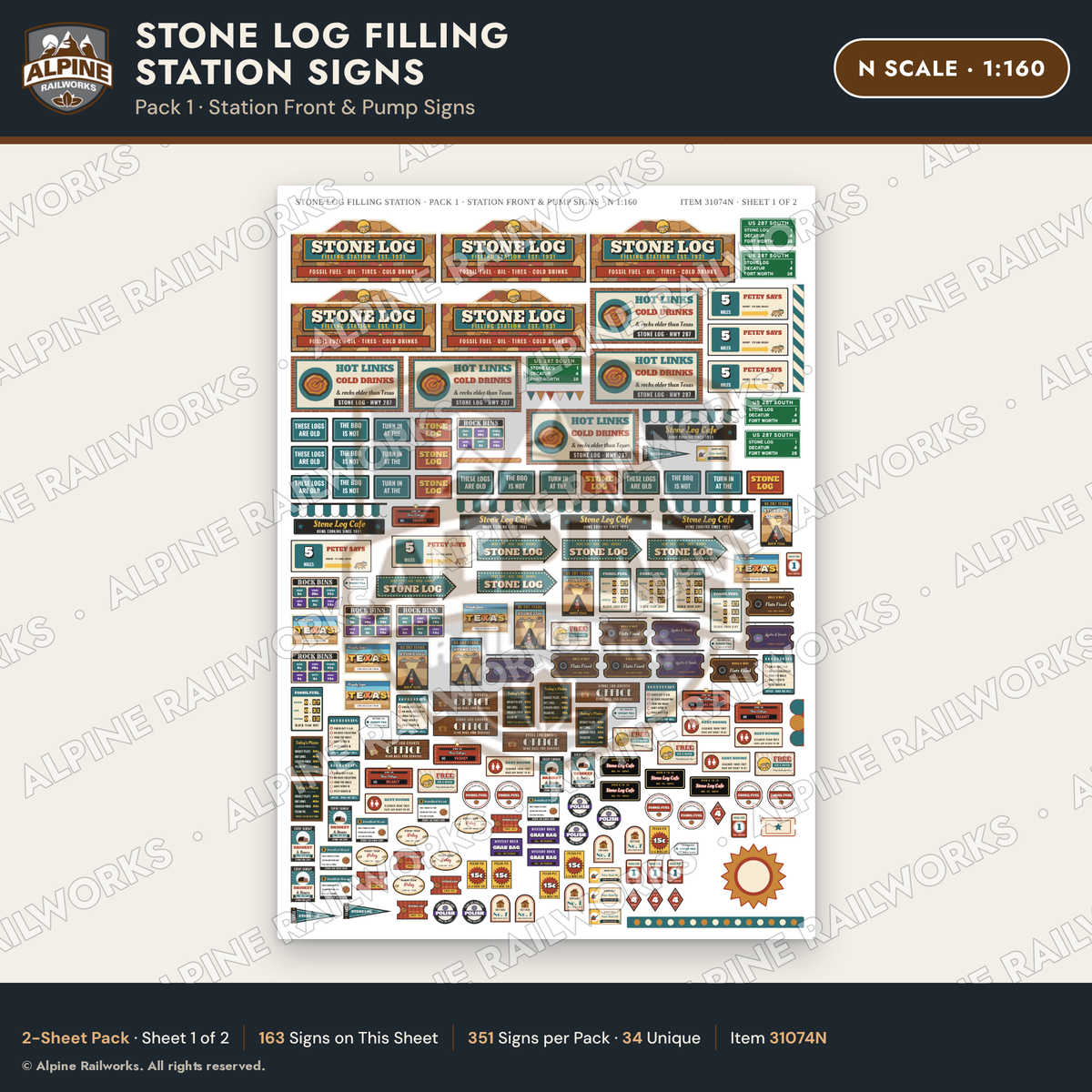 Alpine Railworks 31074N N Scale Roadside Signs - Petrified Wood