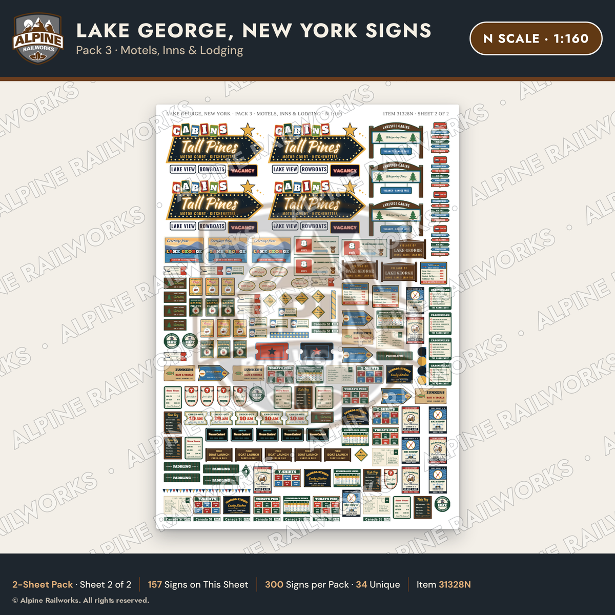 Alpine Railworks 31328N N Scale Lake George NY Signs - Motels & Inns