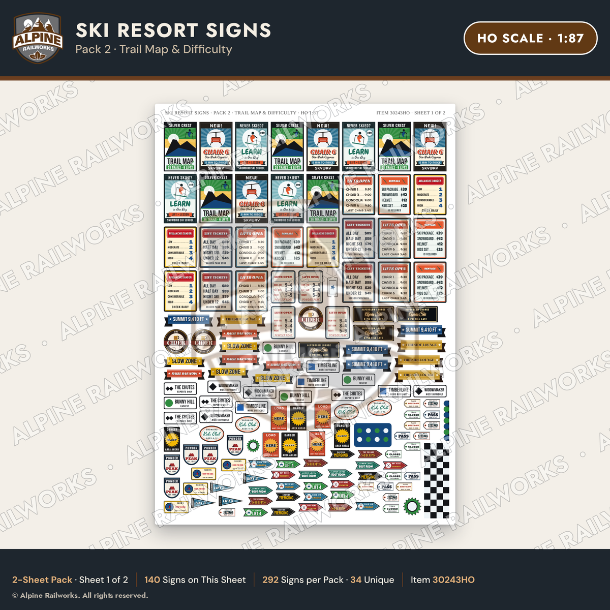 Alpine Railworks 30243HO HO Scale Ski Resort Signs - Trail Map