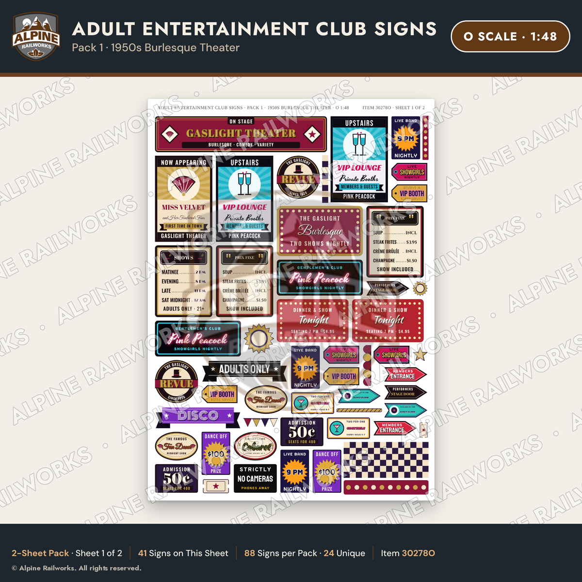 Alpine Railworks 30278O O Scale Adult Entertainment Club Signs
