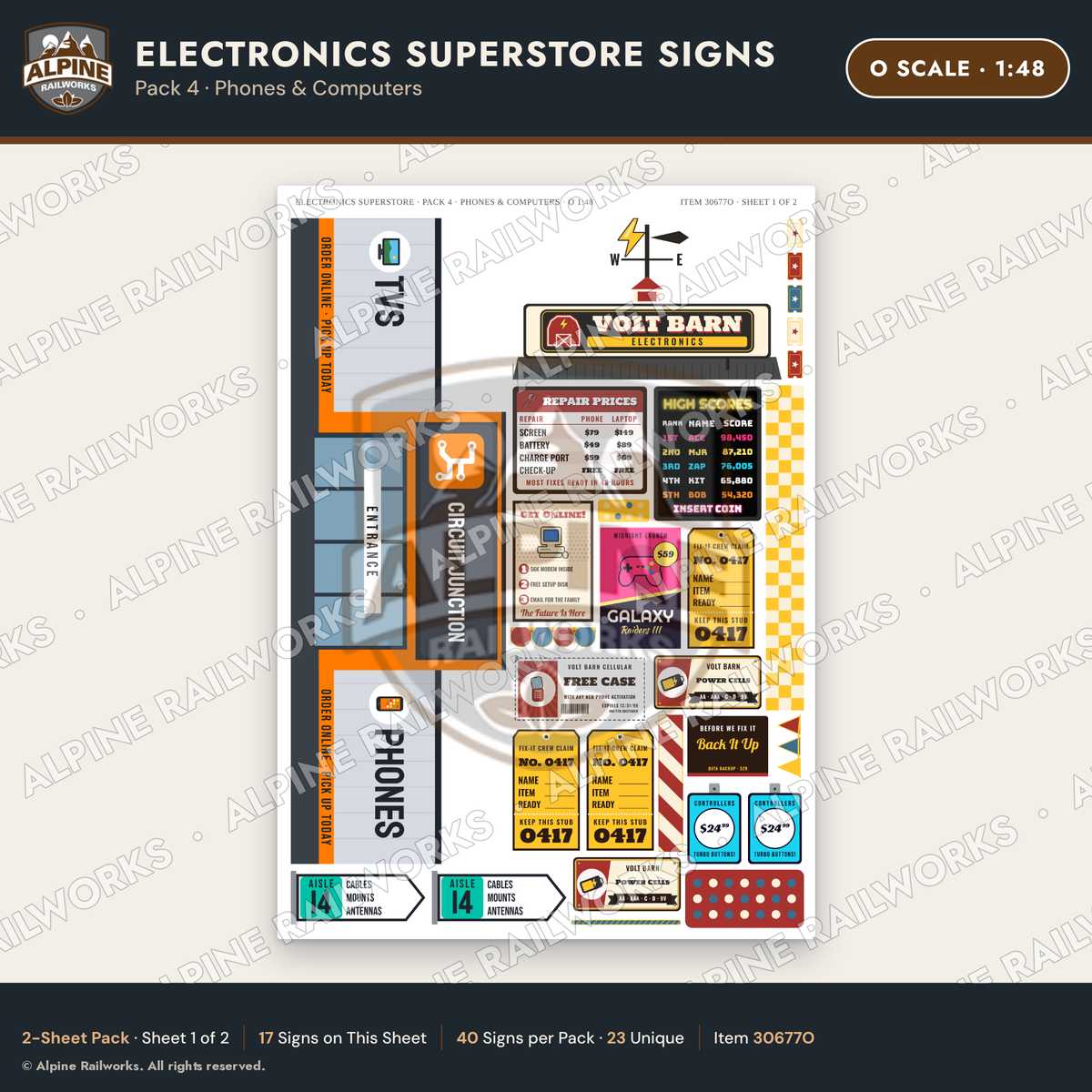 Alpine Railworks 30677O O Scale Electronics Superstore Signs - Phones