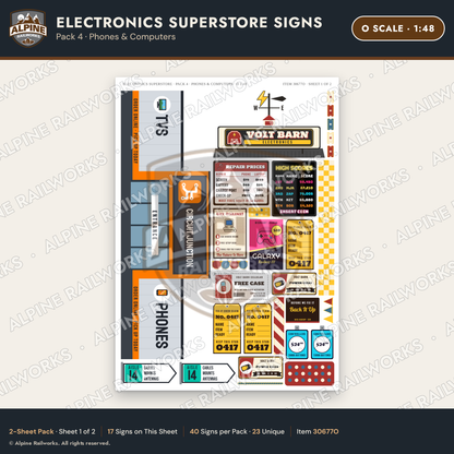 Alpine Railworks 30677O O Scale Electronics Superstore Signs - Phones