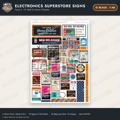 Alpine Railworks 30675O O Scale Electronics Superstore Signs - TV Wall