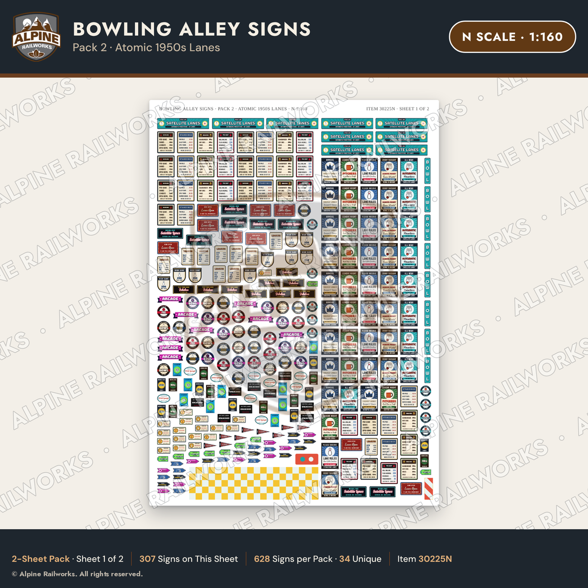 Alpine Railworks 30225N N Scale Bowling Alley Signs - Atomic Lanes