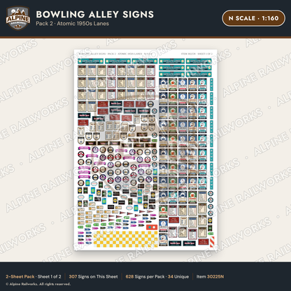 Alpine Railworks 30225N N Scale Bowling Alley Signs - Atomic Lanes