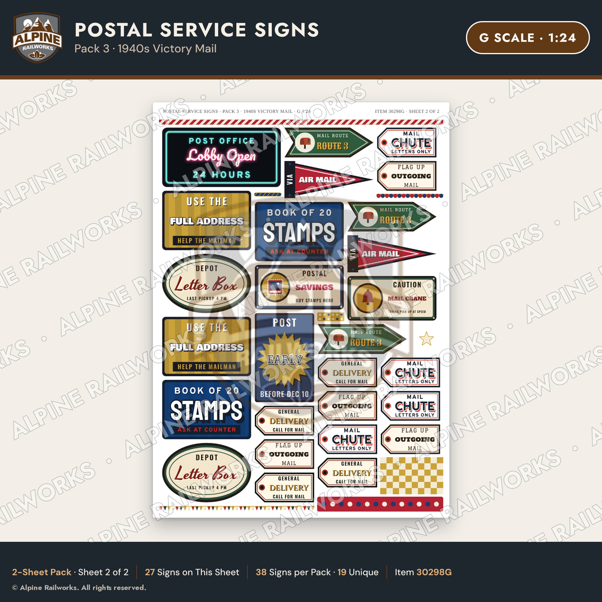Alpine Railworks 30298G G Scale Postal Service Signs - Victory Mail