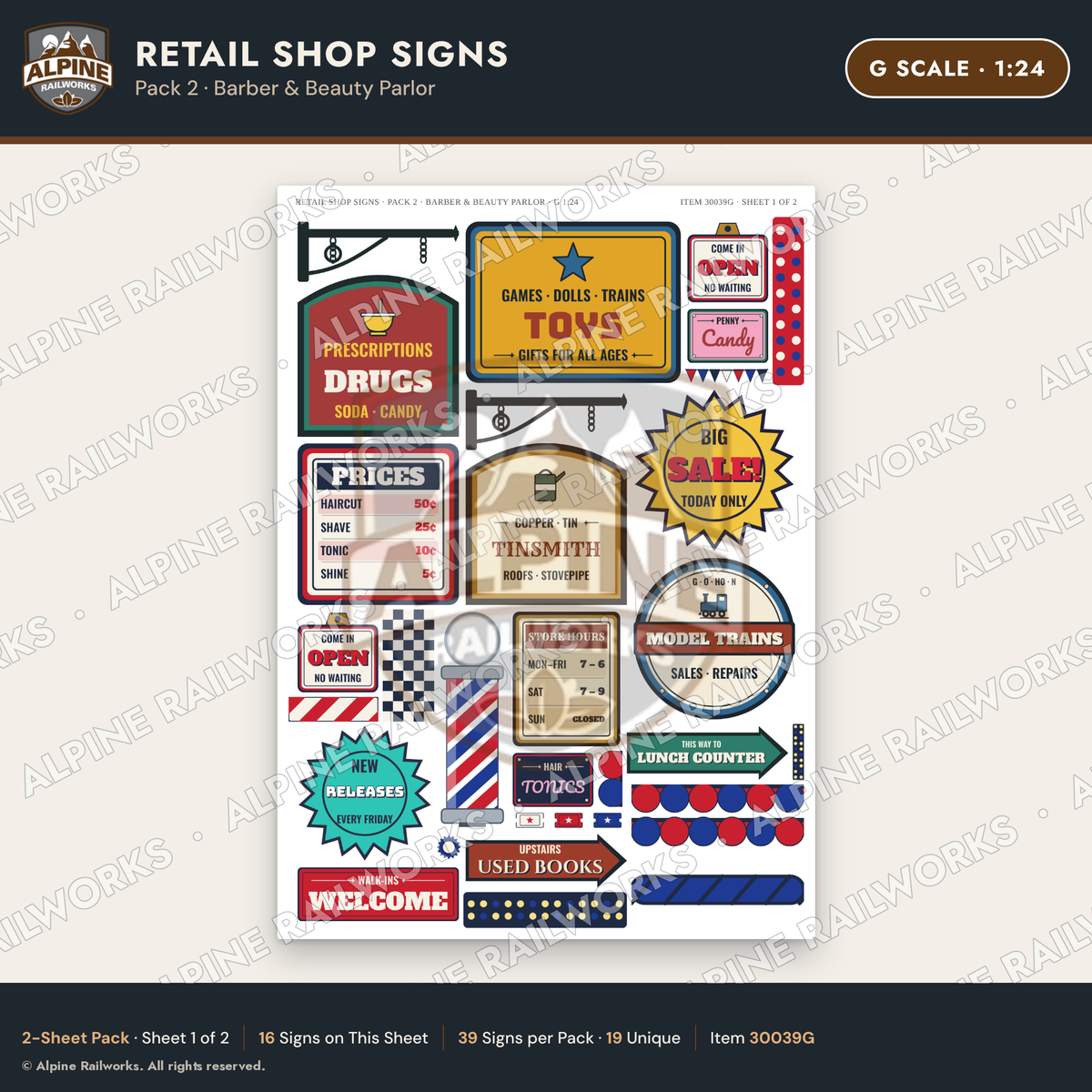Alpine Railworks 30039G G Scale Retail Shop Signs - Barber
