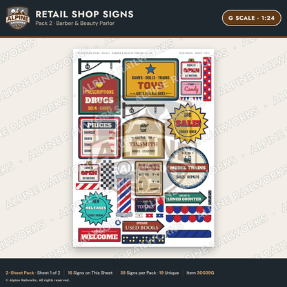 Alpine Railworks 30039G G Scale Retail Shop Signs - Barber