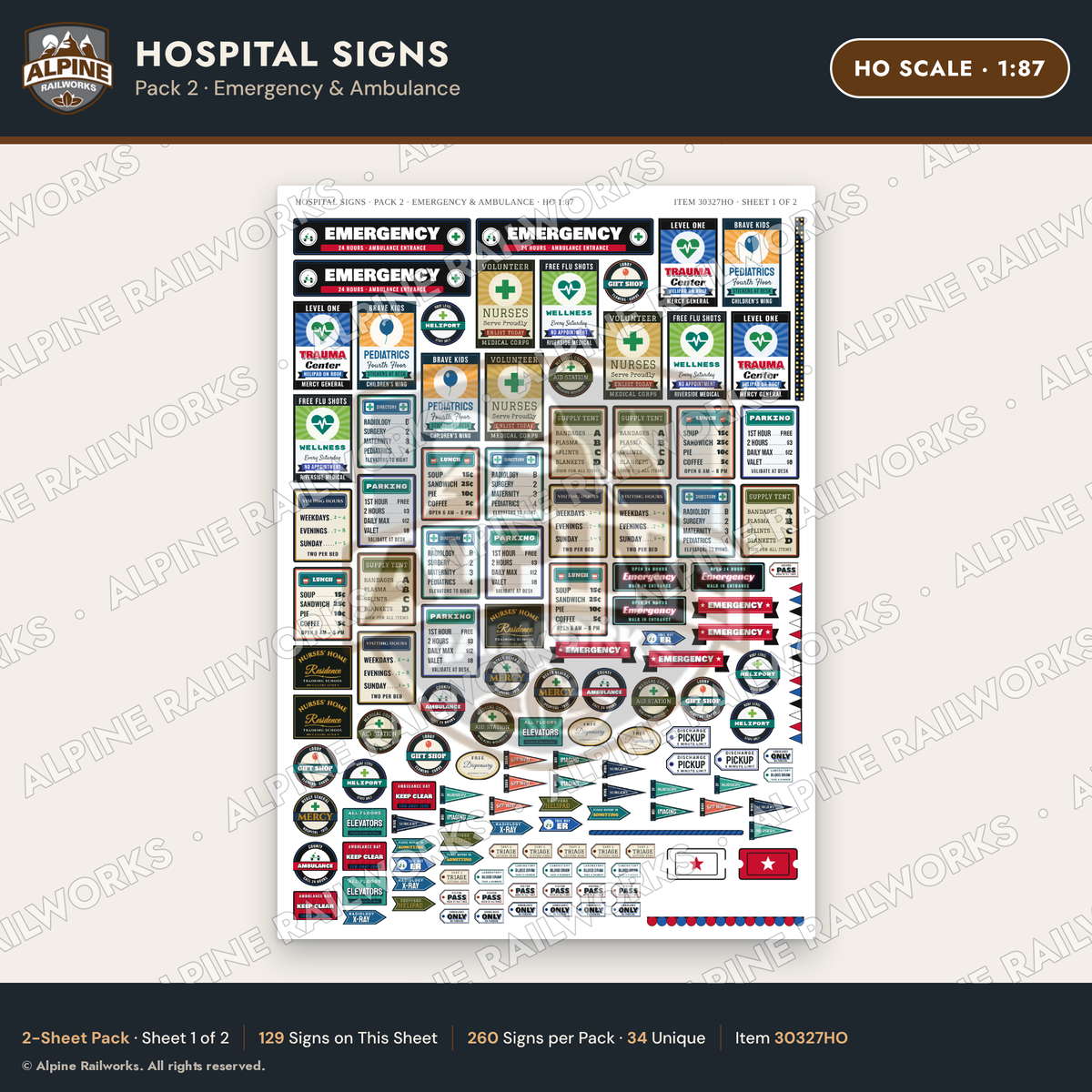 Alpine Railworks 30327HO HO Scale Hospital Signs - Emergency