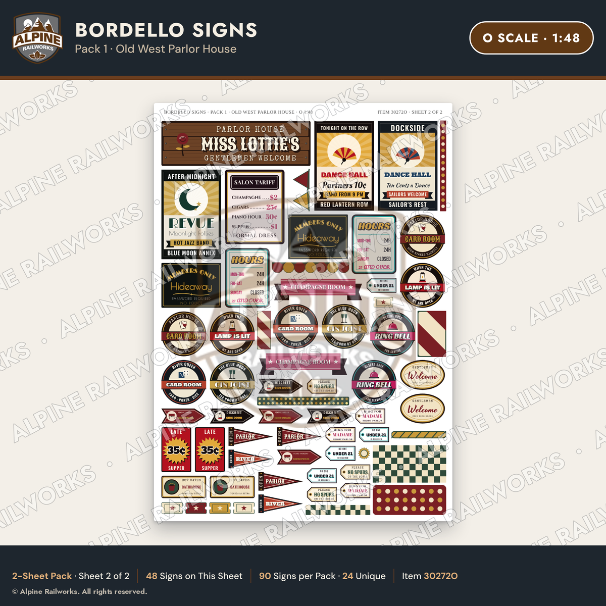 Alpine Railworks 30272O O Scale Bordello Signs - Old West Parlor House