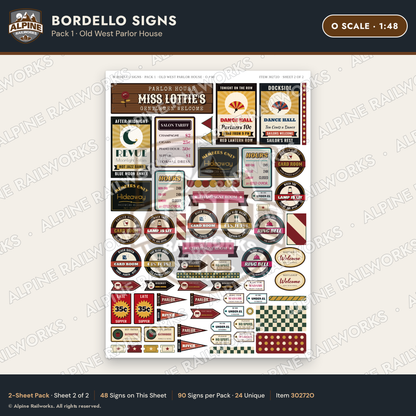 Alpine Railworks 30272O O Scale Bordello Signs - Old West Parlor House