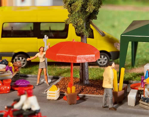 Faller 180910 HO Scale Sun Umbrellas, Tables & Benches -- Kit