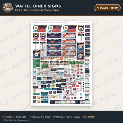 Alpine Railworks 31208N N Scale Waffle Diner Signs - Open 24 Hours