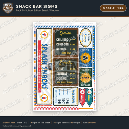 Alpine Railworks 30354G G Scale Snack Bar Signs - School