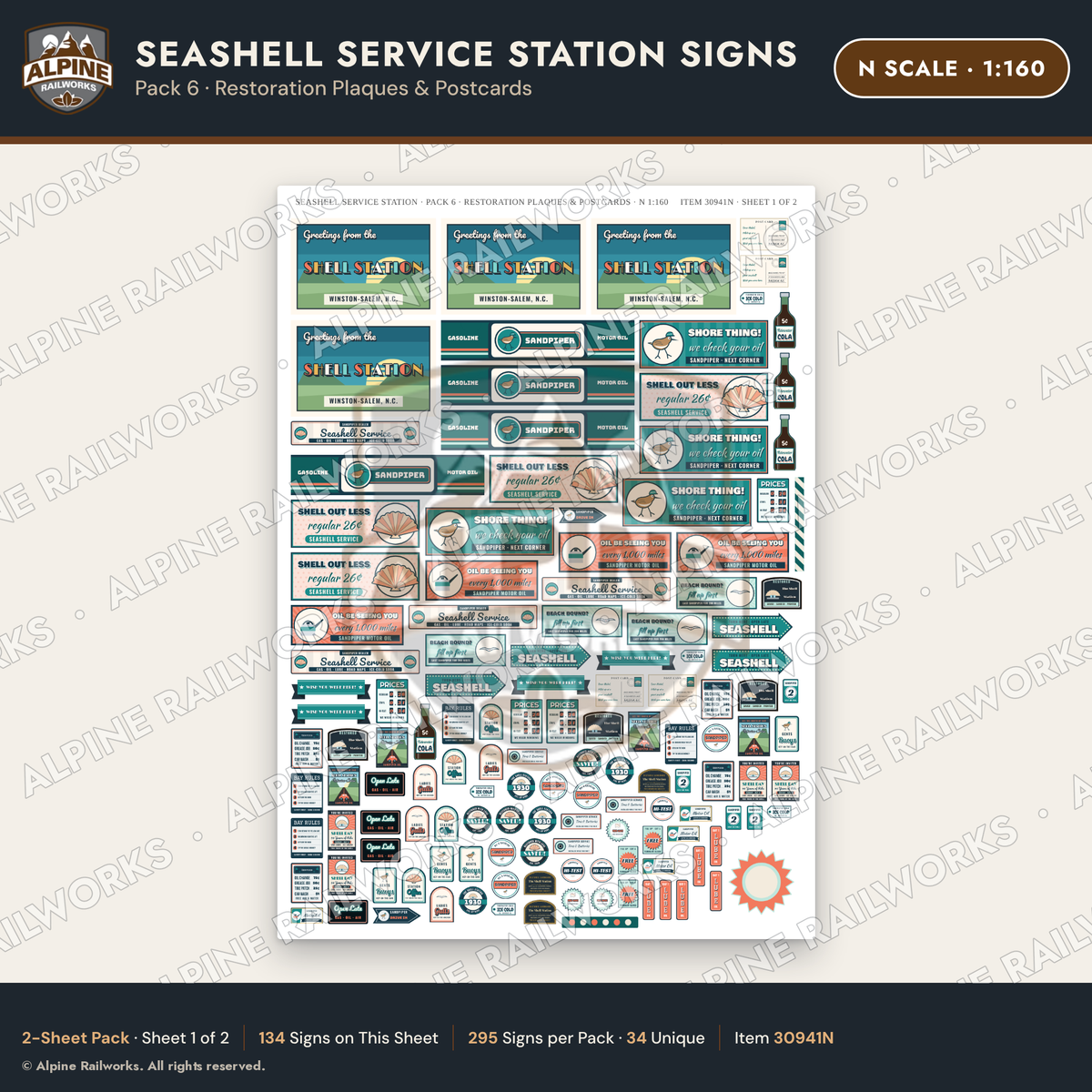 Alpine Railworks 30941N N Scale Roadside Signs - Seashell Gas Station