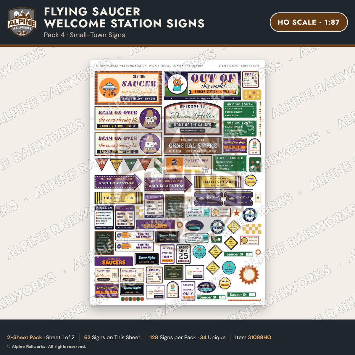 Alpine Railworks 31089HO HO Scale Roadside Signs - UFO Welcome Center